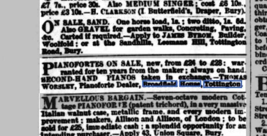 A pianoforte advertisement by Thomas Worsley of Broadfield House