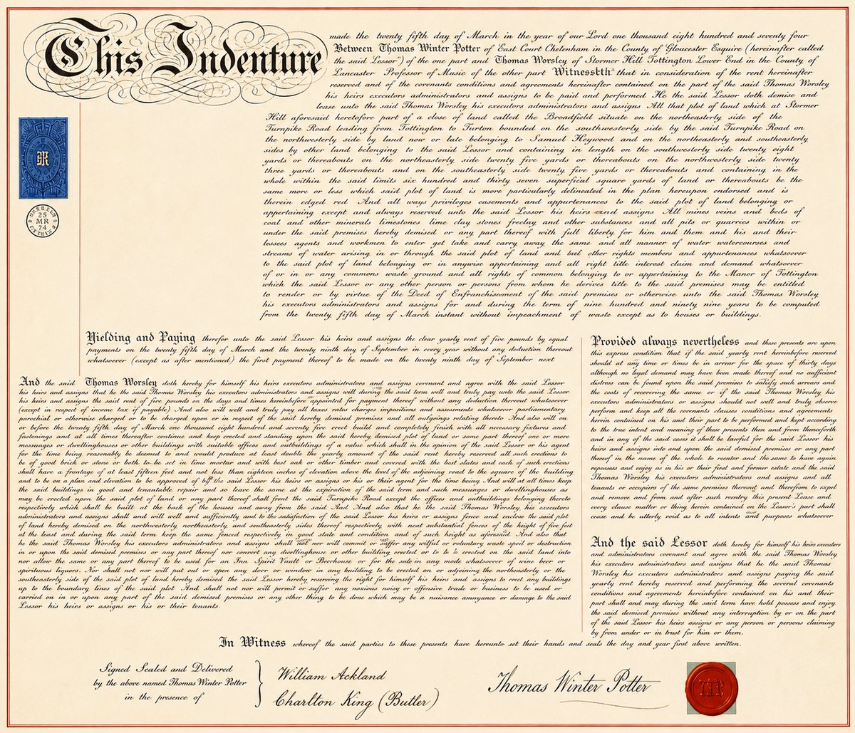 The original 1874 lease parchment in full
