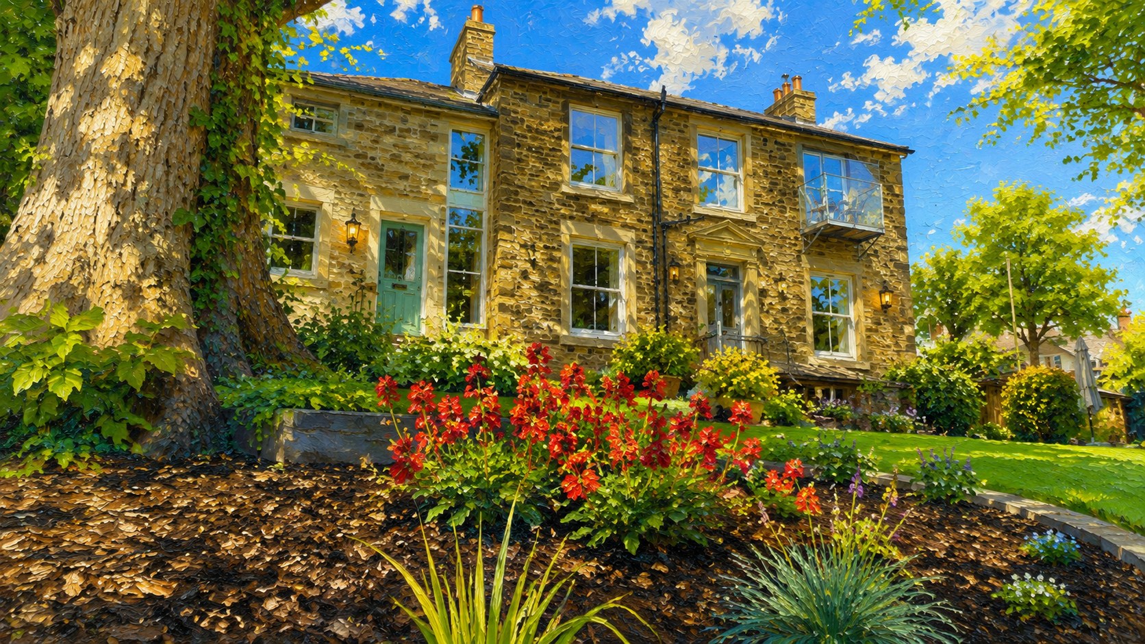 An impressionist painting of Broadfield House in summer