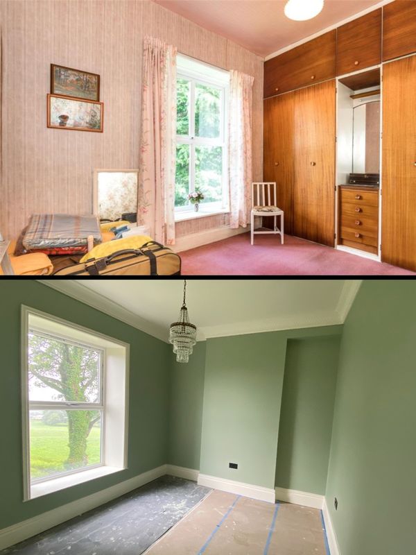 A bedroom before and after restoration