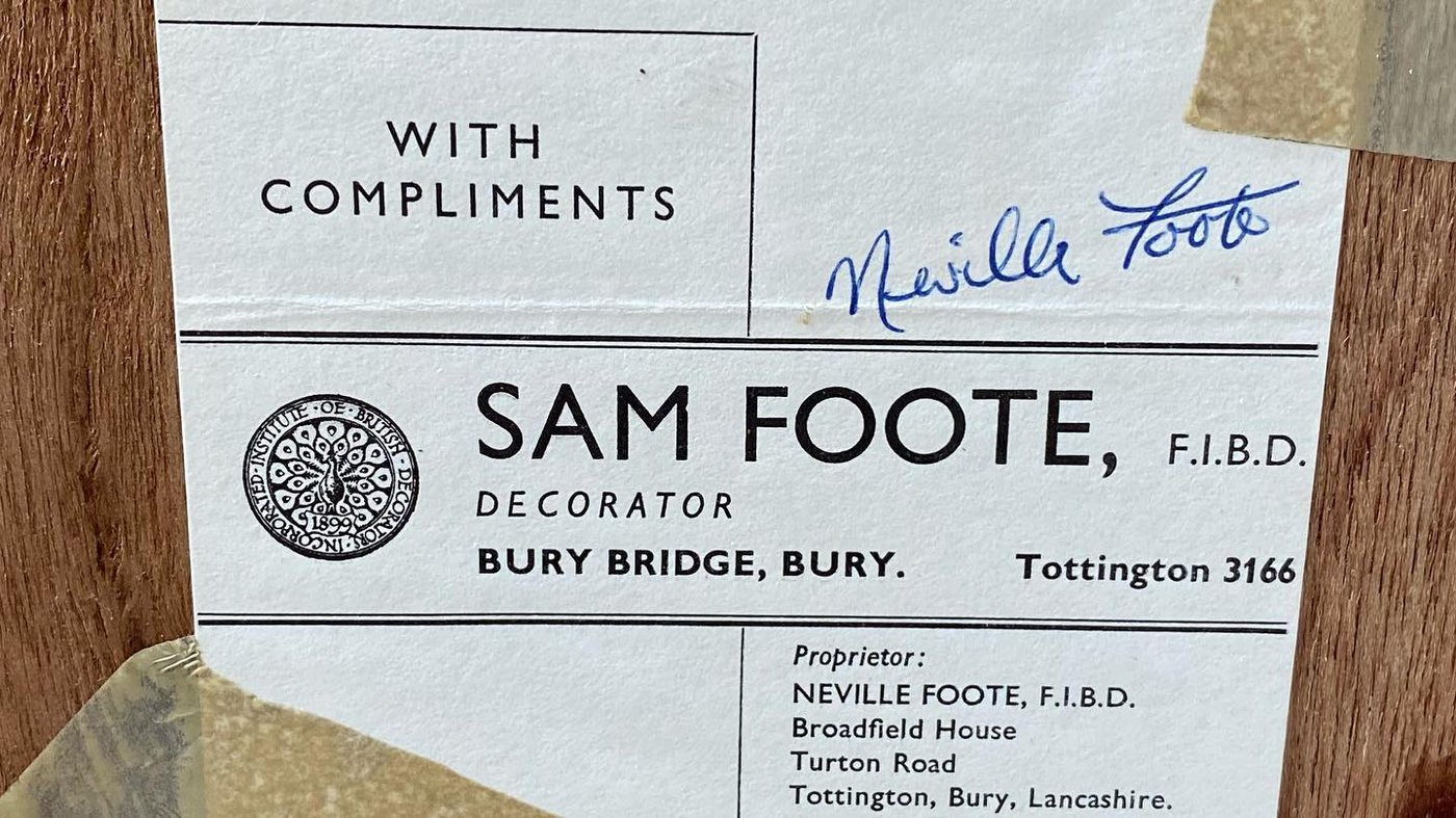With Compliments slip from Sam Foote, Decorator, naming Neville Foote at Broadfield House